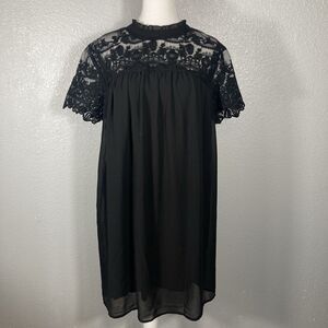 Black Lace Babydoll Mini Dress XL Chiffon Ruffle High Neck Embroider Whimsigoth